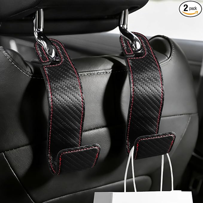 2PCS Purse Holder for Car, Purse Hook for Car, Leather Headrest Hooks for Automotive Back Seat, Auto Accessories Back Seat Organizer Hook for Grocery Bag Handbag Coat (Carbon Fiber, 2PCS)