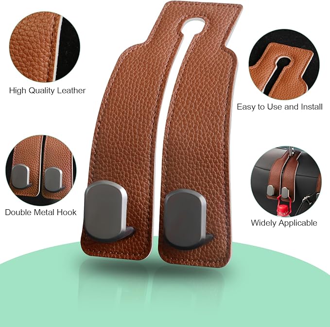 2PCS Car Seat Back Storage Headrest Hooks, Genuine Leather Double Metal Hook for Backseat Organizer for Men Women Car Organization Accessories (Brown -Metal Hook)