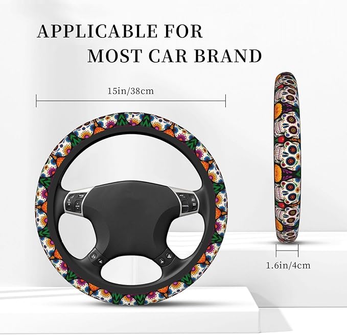 Neoprene Steering Wheel Cover Colorful-Skull Car Steering Wheel Cover Universal Fit for Most Cars