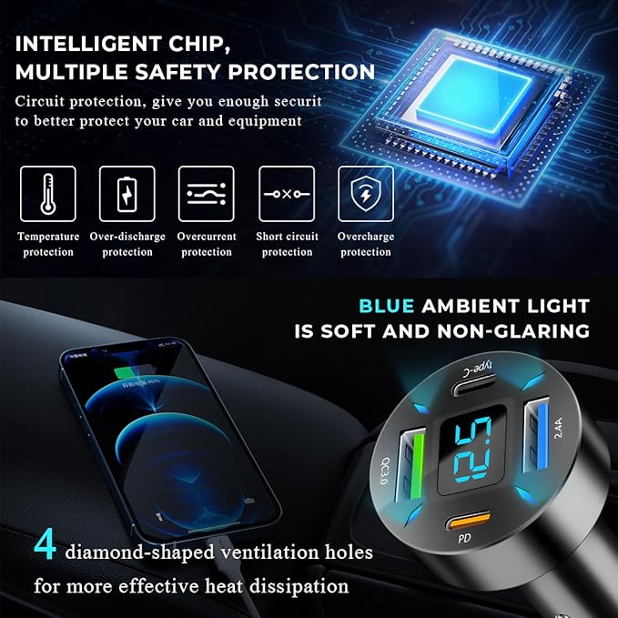 Augeny USB C Car Charger, 4 Port Auto Fast Charger with USB PD Type C & QC 3.0, Cigarette Lighter USB Automotive Adapter Compatible with Most Mobile Cell Phone, Car Accessories (PD+Type C)