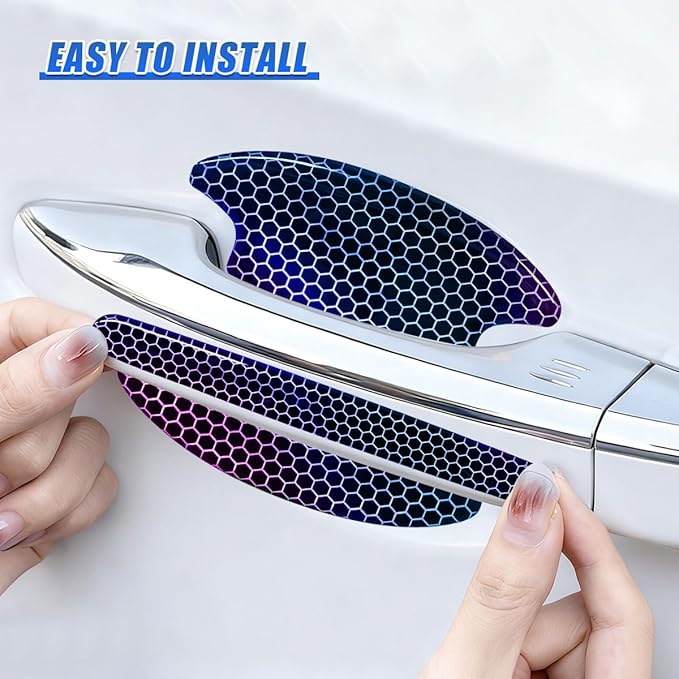 8PCS Laser Car Door Handle Protector, Anti-Scratch & Bumping Auto Door Bowl Protector with Reflective Design, Universal Self-Adhesive Vehicle Exterior Decoration Accessories(No Mark)