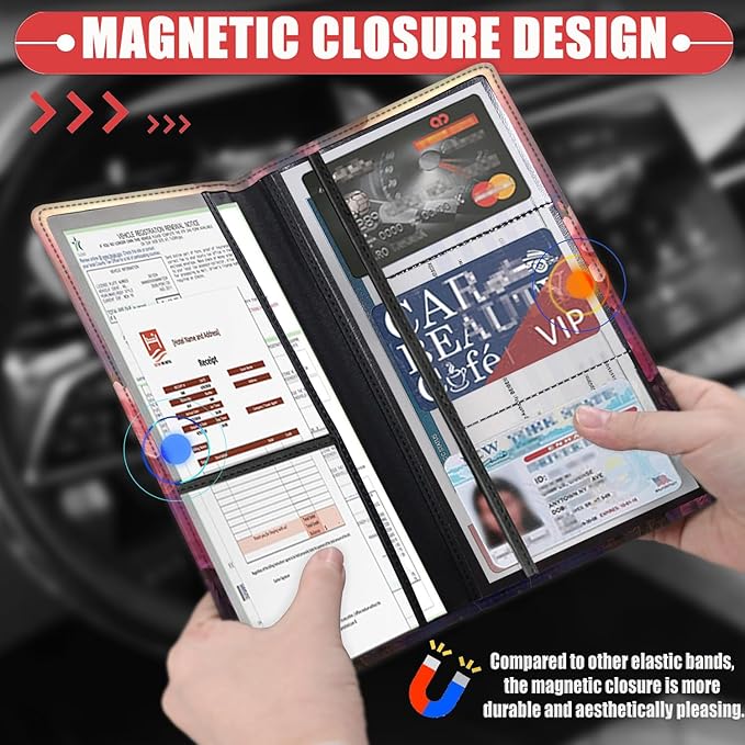 Car Document Holder with Magnetic Shut, Car Registration & Insurance Card Holder, Waterproof PU Leather Glove Box Organizer Vehicle Accessories Driver License for Women/Men, Hummingbird Pattern