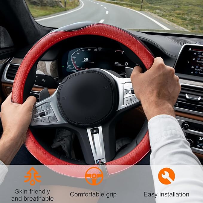 Car Steering Wheel Cover, 14.5-15" Leather Anti-Slip Sport Style Vehicle Steering Wheel Protector, Breathable Auto Interior Protection Accessories, Universal for SUV Van RV (Black/Red)