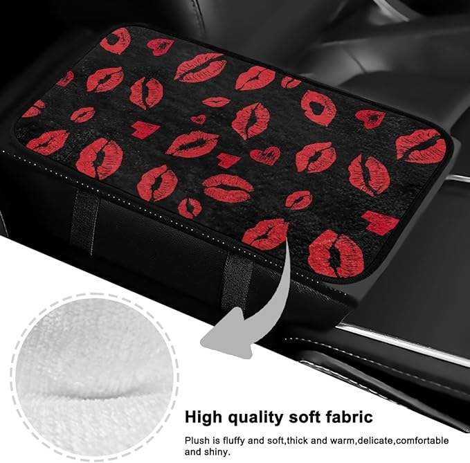 CLOHOMIN Red Kiss Lips Car Center Console Cover Fashion Car Arm Rest Cushion Flannel Auto Console Covers Fluffy Armrest Cover Auto Accessories for Most SUV Van Truck