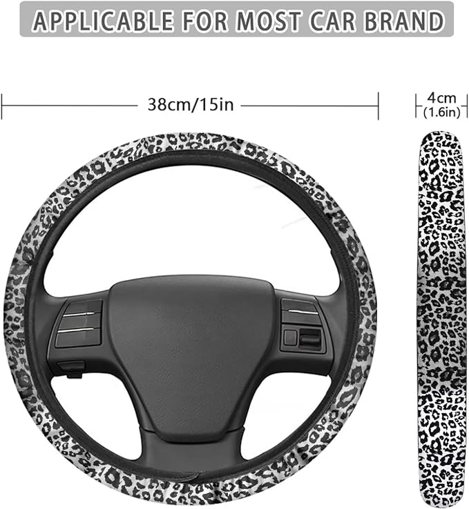 Universal Non-Slip Steering Wheel Cover, 15-inch Polyester Material Driving Accessories, Adjustable for Car and Truck(Artistic Black White Leopard)