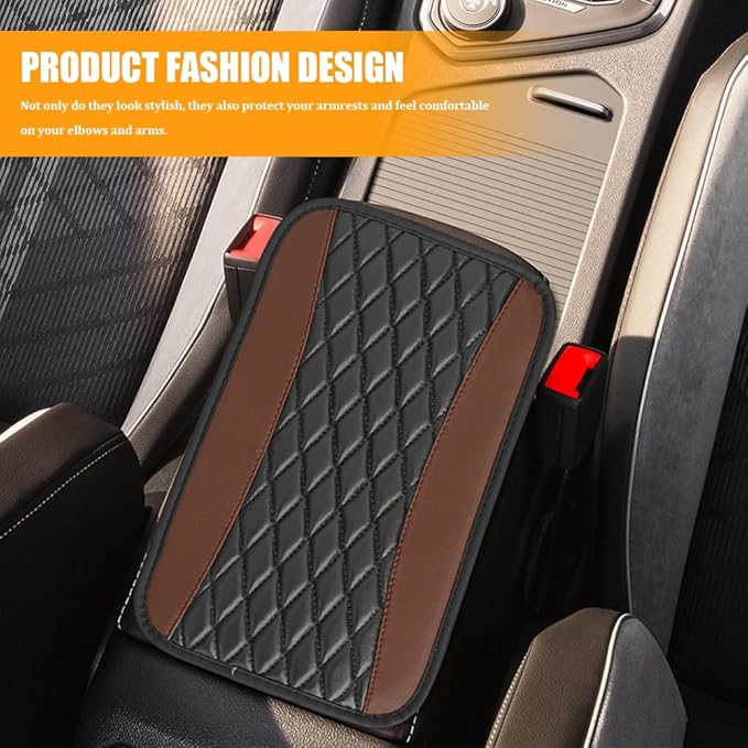 Car Center Console Cover, Leather Waterproof Armrest Seat Box Cushion Pad, Universal Decor Protector Mat, Comfortable Car Decor Accessories Fit for Most Cars, Vehicles, SUVs (Coffee)