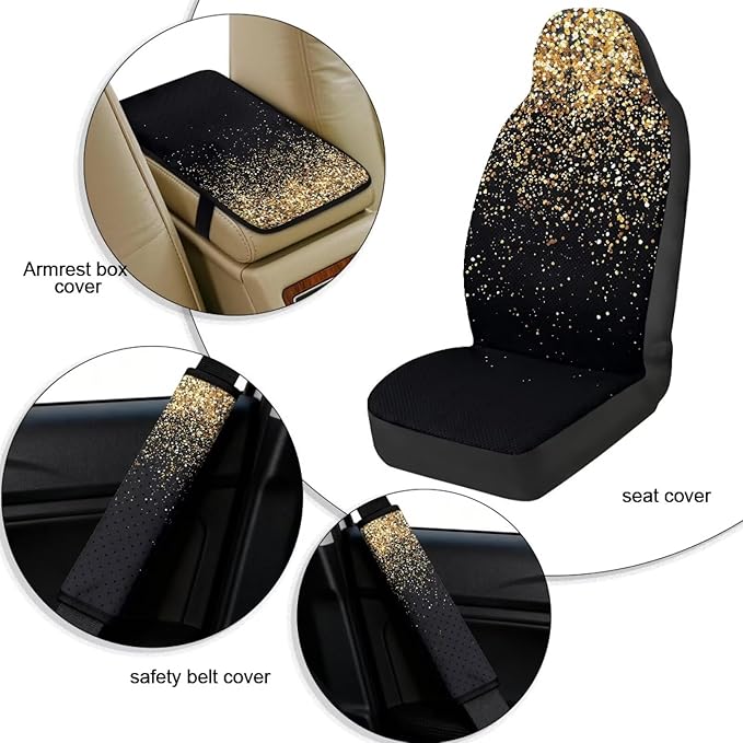 FUSURIRE 5Pcs Car Accessories Set Golden Sequins Print PU Front Seat Covers, Seat Belt Covers & Center Armrest Pad Universal FIT for Car, SUVs,Van,Small Trucks