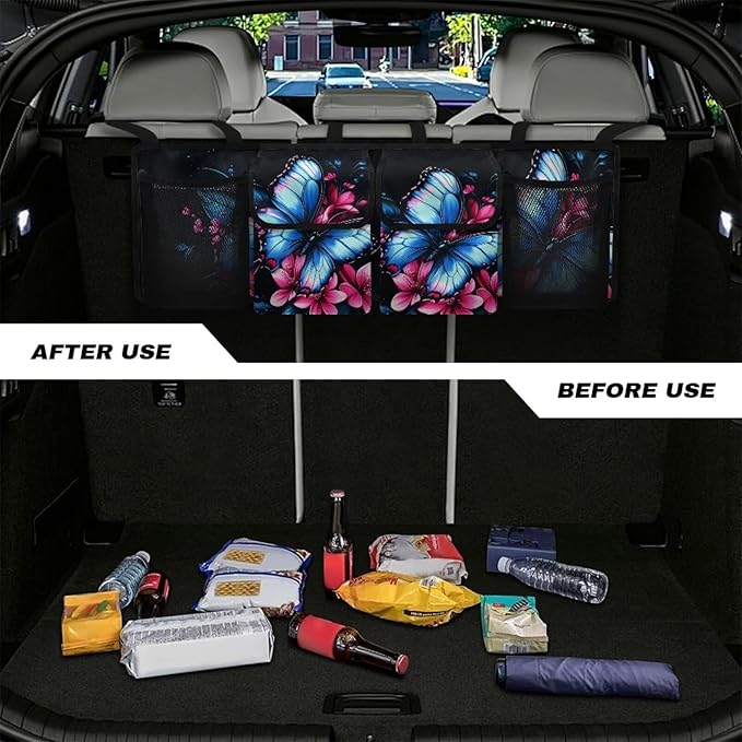 Blue Butterfly Trunk Hanging Storage Bag for Women Pink Flowers Collapsible Cargo Bag Multipurpose Cargo Accessory