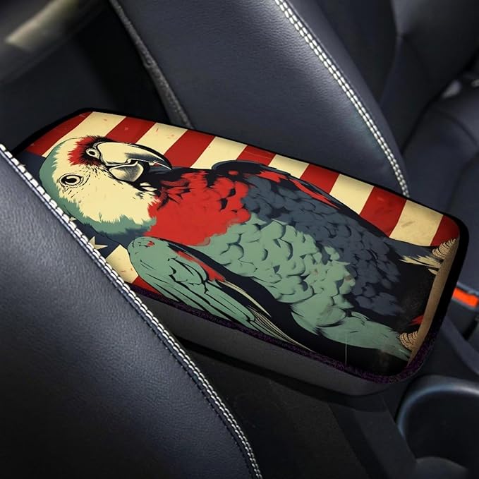 Car Center Console Pad, Universal Waterproof Car Armrest Seat Box Cover, Car Interior Accessories for Most Vehicle SUV Truck Vintage American Flag Parrot Car Armrest Pad