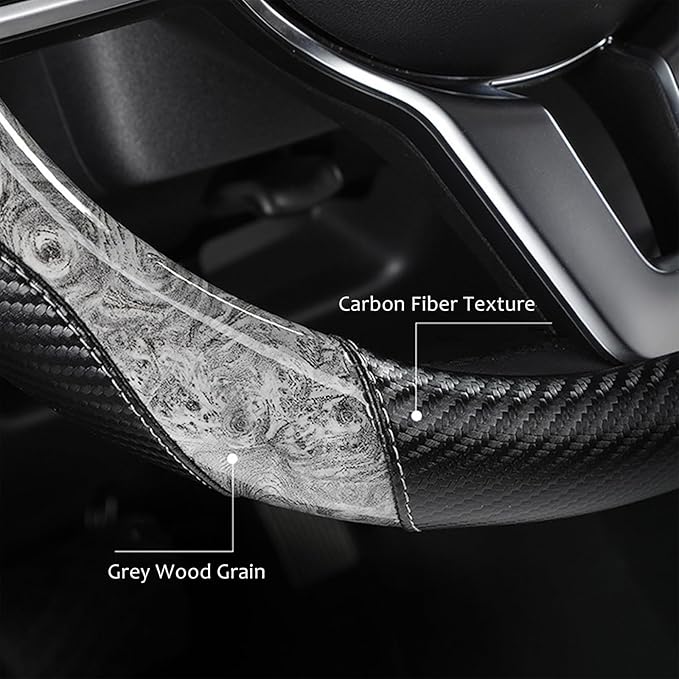 Wood Grain Steering Wheel Cover Carbon Car Steering Wheel Covers 14 1/2-15 inch with Coasters Microfiber Leather Splicing Breathable Anti-Slip Durable Universal Steering Wheel Protective - Gray