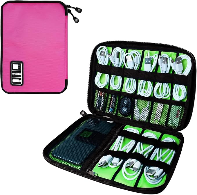 Electronics Travel Organizer,Portable Waterproof Electronic Travel Storage Bag for Small Charging Cord Storage,Charger,SD Card etc,for Travel,Business-Rose Red