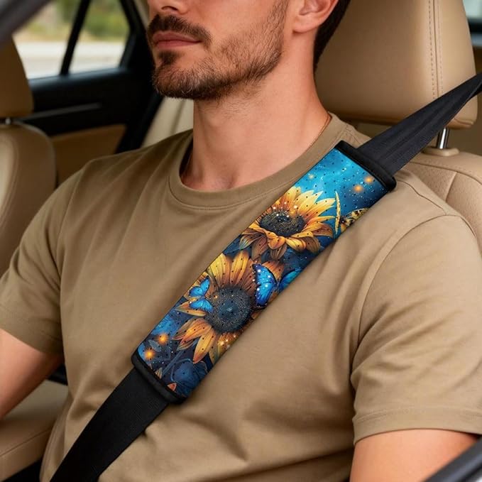 Qeluxign 5 Piece Car Accessories Set with 2 PU Leather Seat Covers, Sunflower Blue Butterfly 2 Belt Pads & 1 Armrest Cover Fit for Most Vehicles Easy Install & Clean