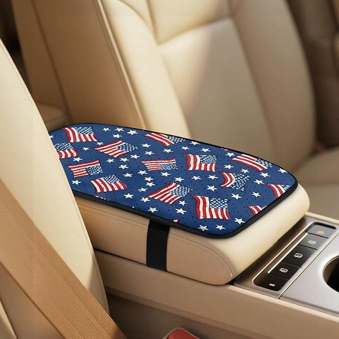Qeluxign American Flag Star 5 Piece Car Accessories Set with 2 PU Leather Seat Covers, 2 Belt Pads & 1 Armrest Cover Fit for Most Vehicles Easy Install & Clean