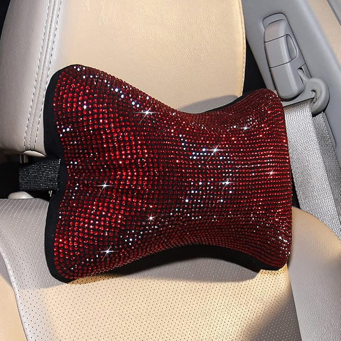 2 Pack Women Neck Pillow for Car Seat Driving Girl Burgundy Red, Auto Seat Headrest Cushion Driver Head Relax Neck Support Crystal Rhinestone Diamond Bling Christmas Car Accessories