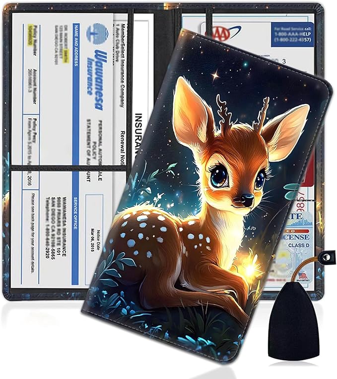 Car Registration Holder, PU Leather Vehicle Glove Box Organizer for Driver License, Document, Car Insurance Holder with Magnetic Shut, Auto Paperwork Wallet Case Accessories, Baby Deer Pattern