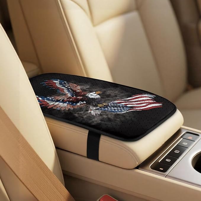 Qeluxign Air Mesh Car Seat Covers & Accessories American Flag Bald Eagle 5-Piece Set 2 Seat Covers, 2 Shoulder Belt Pads, 1 Console Pad PU Leather Car Interior Set for Women