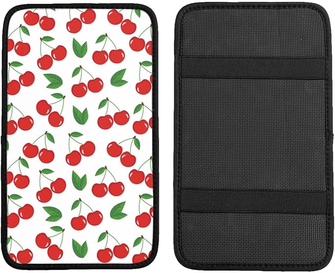 DORKEIXIA Fruit Cherry Red Cherries Leaves Leaf White Auto Center Console Armrest Pad Universal Car Center Console Cover Seat Box Cover for Sedan, Van, SUV, Truck Car Accessorie