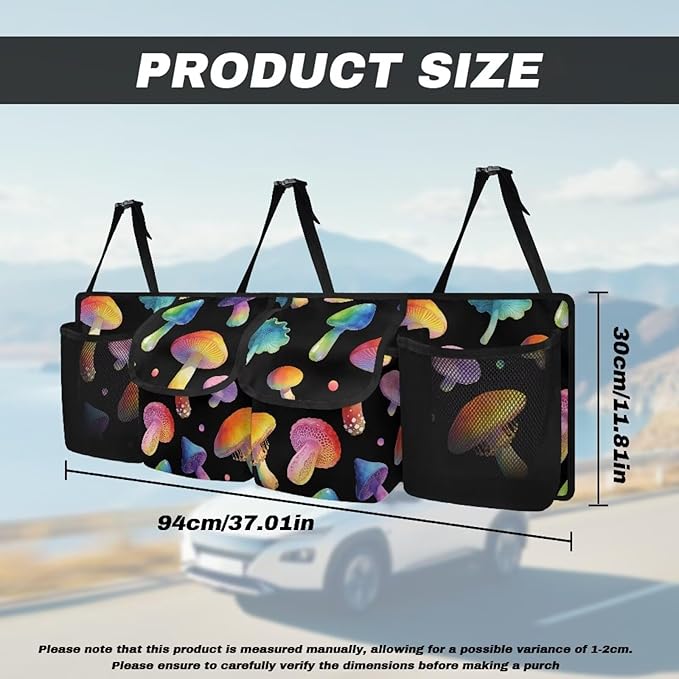 Colorful Mushroom Car Trunk Hanging Organizer, Thick Backseat Storage Bag with 2 Pockets and 3 Adjustable Shoulder Straps, Foldable Interior Accessories Valentine Decoration