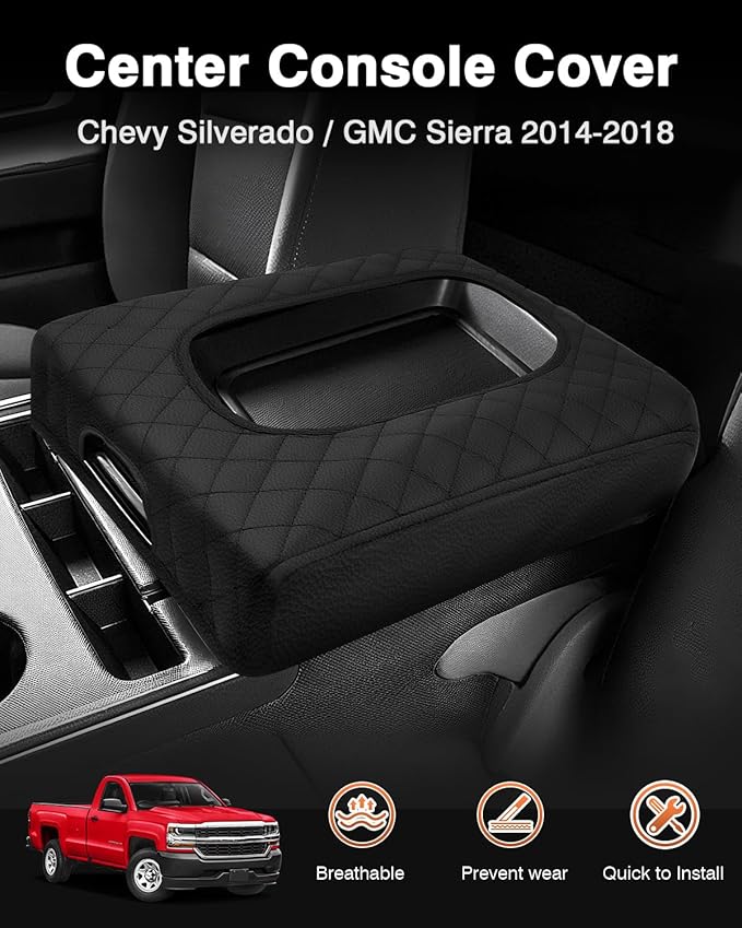 Shademax Center Console Cover for Chevy Silverado&GMC Sierra 2014-2018 Jump Seat Accessories, Armrest Cover Center Console Cushion Pad Leather Arm Rest Protectior (ONLY for Split Bench Seat Console)
