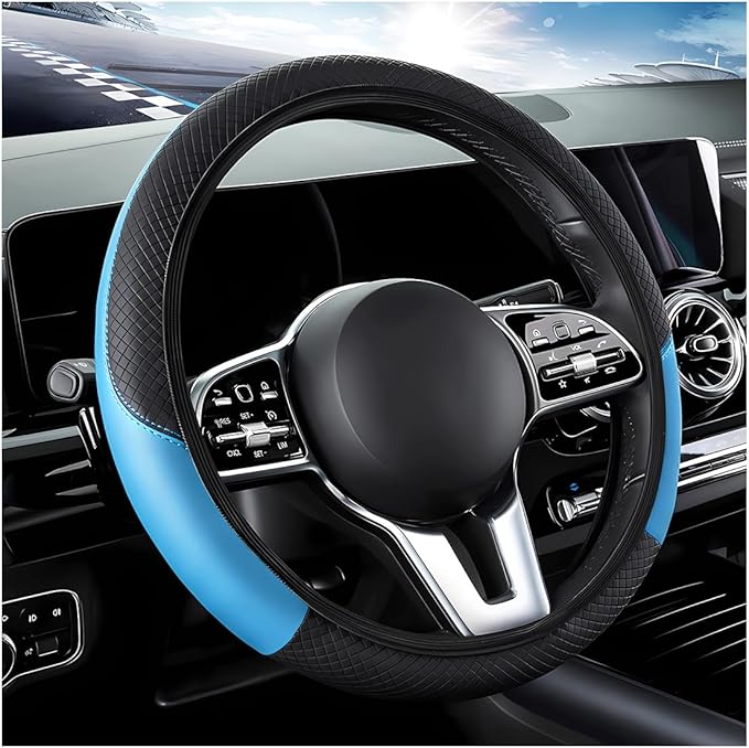 Car Steering Wheel Cover, 15 Inch Carbon Fiber Leather Stitching Color Steering Wheel Protector, Anti-Slip Elastic Breathable Steering Wheel Cover Stylish Decor for Most Cars (Black&Blue, AD)