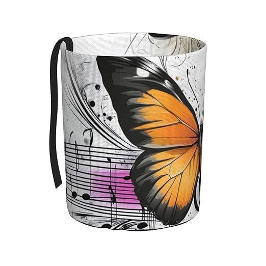 Car Trash Can Hanging, Yellow Butterfly Musical Note Vector Illustration Waterproof Auto Garbage Bin Universal Vehicle Waste Container, 3.5L Capacity