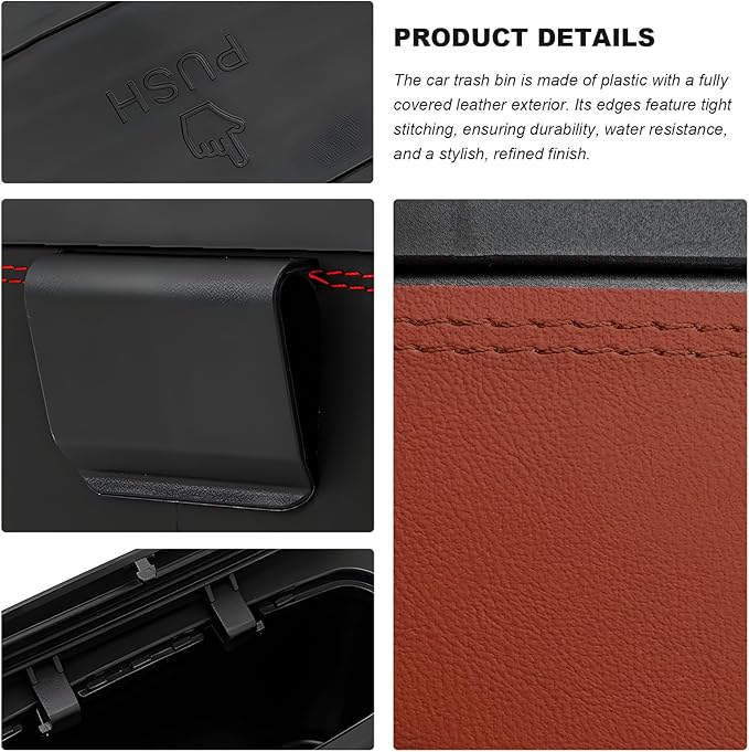 Car Trash Can with Lid, Leather Auto Dustbin Hanging Organizer with Mounting Clip, Multi-Purpose Leakproof Vehicle Garbage Bin Storage Container for Cars SUVs RVs (Brown)