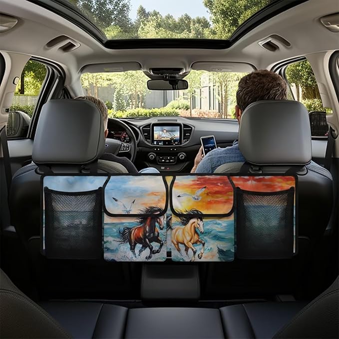 Back Seat Trunk Organizer Running Horses Seagull Hanging Car Organizer Trunk Foldable Cargo Storage with Pockets& 3 Adjustable Straps 37.01x11.81 inch,Car Decoration
