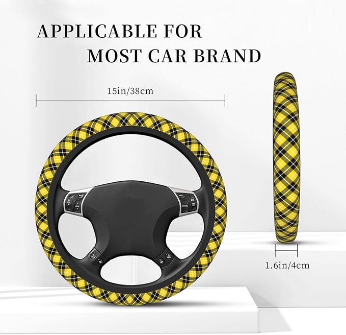 Thickened Elastic Steering Wheel Cover, Barclay Clan Tartan Yellow and Black Plaid Ultra, Soft, Breathable, Fit for Cars, SUVs, Trucks, Stylish Comfortable Grip