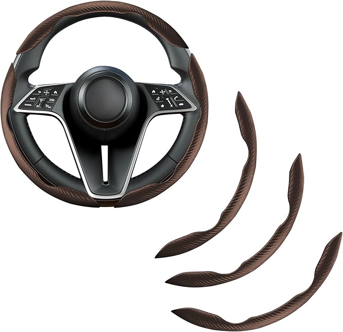 LevChall Carbon Fiber Steering Wheel Cover, 3-Piece Set Anti-Skid Comfortable Grip Segmented Butterfly Design, Easy Snap-On Installation Universal Fit 99% Cars, Brown