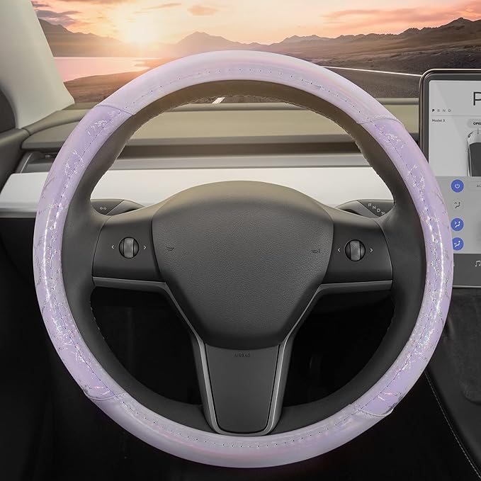 Carbella Purple Holo Bling Steering Wheel Cover, Standard 15 Inch Size Fits Most Vehicles, Cute Shiny Crackle Car Steering Cover with Holographic Foil Glitter Like Detail, Car Accessories for Women