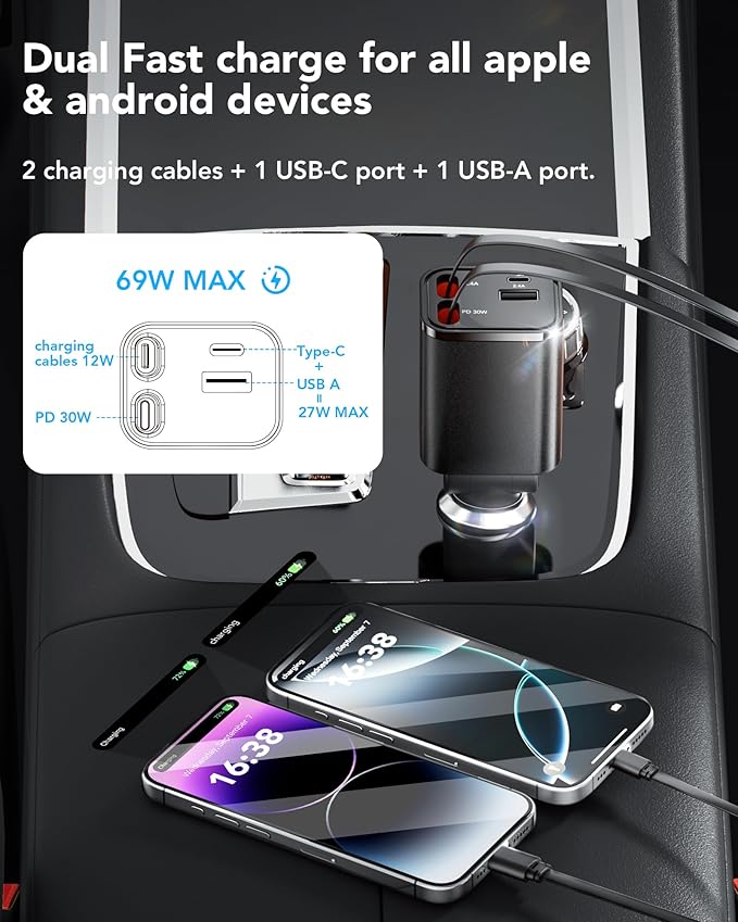69W Fast Charging USB C Car Charger, 4-in-1 Retractable Phone Charger for iPhone 17, Travel Essentials, Gifts for Women Men, Car Accessories for Women Men, for iPhone 17 16 15 14 13, Galaxy, Pixel
