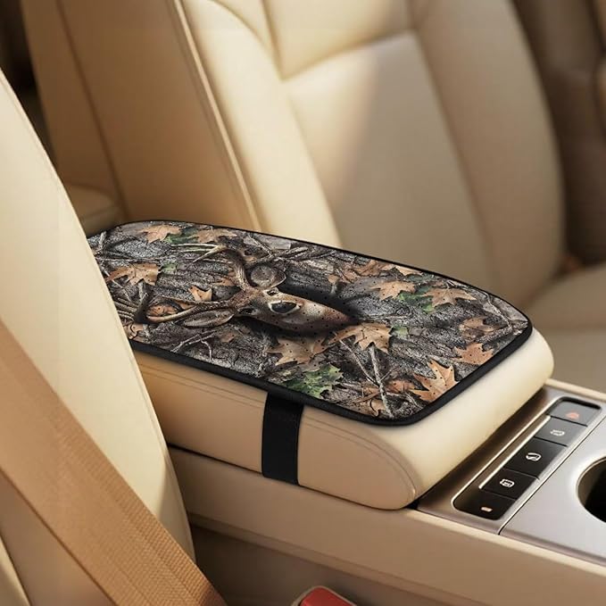 Qeluxign 5 Piece Car Seat Covers Full Set for Men Women Camouflage Deer Head PU Leather Front Seats Cover Auto Seatbelt Shoulder Pads Vehicle Center Console Armrest Cover