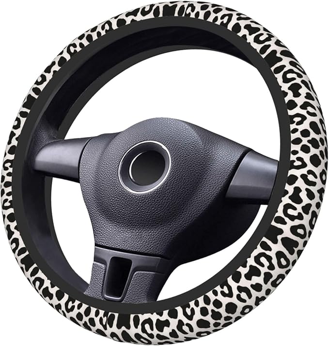 Black White Leopard Car Steering Wheel Cover, 15 Inch Steering Wheel Cover Stylish Decor for Most Cars