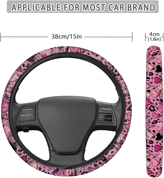 Universal Non-Slip Steering Wheel Cover, 15-inch Polyester Material Driving Accessories, Adjustable for Car and Truck(Sweet Cool Pink Leopard)
