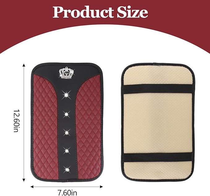 Bling Crown Car Center Console Cover, 12.7"×7.7" Armrest Cover for Cars, Waterproof Leather Arm Rest Box Pad Cushion, Universal Middle Console Cover Protector, Car Accessories (Wine Red)