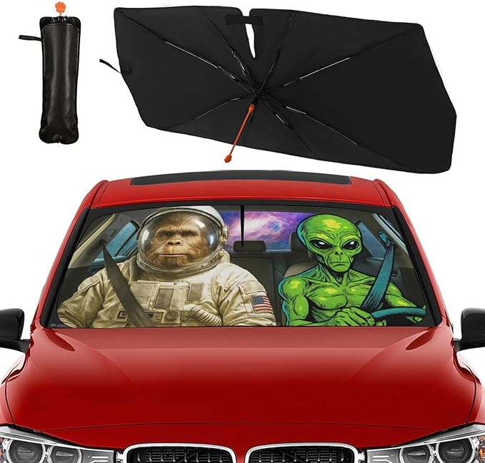 DOPINDU Funny Alien Astronaut Car Windshield Sun Shade Umbrella Bendable Handle Foldable Funny Sunshade for Car Windshield Block UV Rays Keep Vehicle Cool for Most Sedans SUV Trucks Cars 57"x30"