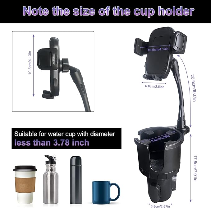 JINKEY Cup Holder Phone Mount, 360°Rotation Gooseneck Car Cup Holder Expander with Cell Phone Holder with Adjustable Base Phone Cup Holder for Car Compatible with iPhone & All Smartphones