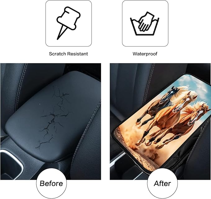 JANENFNA Car Armrest Cover Pads Universal Fashion Cute Auto Center Console Armrest Cover Pad with 2PCS Car Coasters Soft Waterproof Car Armrest Seat Protector for Women,Free Wild Horses Running