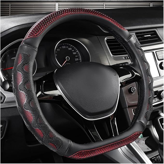 Car Steering Wheel Cover, 15 Inch Leather D-Shaped Comfy Grip Steering Wheel Protector, Anti-Slip Steering Wheel Cover with 3D Honeycomb for Most Vehicles, Car Accessories (Red)
