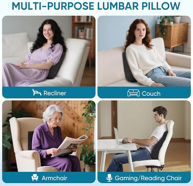 AHUAWA Lumbar Support Pillow for Recliner Chair and Couch, Memory Foam Back Cushion Ergonomic Large Back Support Pillow for Lower Back Pain Relief, with Soft Velvet