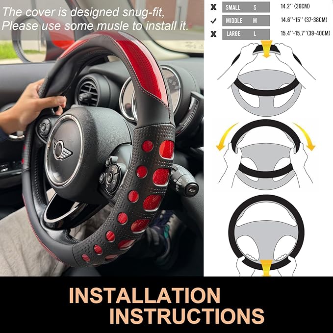 PINCTROT Race Grip Steering Wheel Cover, Anti Slip Silicone Perforated Design with Soft Touch Padding, Enhanced Grip for Sporty Driving, Universal 14.5-15 Inch (Racing Red)
