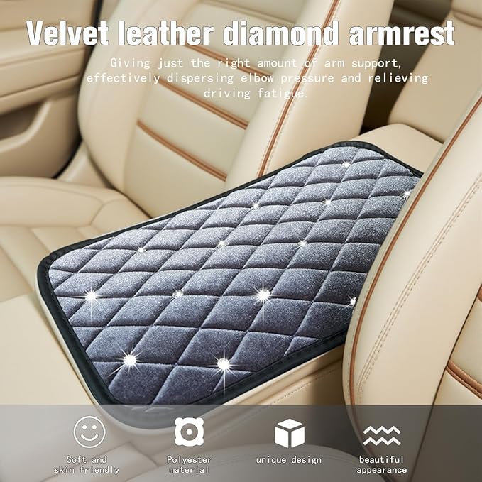 HZEL Bling Car Center Console Cover, Crystal Rhinestone Velvet Soft Vehicle Seat Armrest Box Protector Cushion, Comfortable Diamond Auto Arm Rest Mat Pad, Universal for Truck SUV Sedan (Gray)