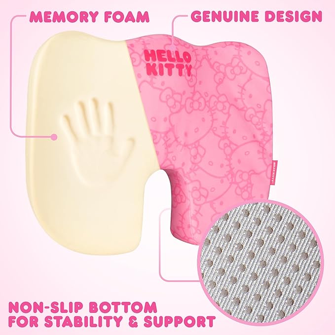 Carbella Officially Licensed Hello Kitty Seat Cushion - Cute Pink Office Chair Cushion for Car, Home, Work or Desk - Comfort Memory Foam Cushions for Coccyx, Back, Tailbone Pain Relief Pillow