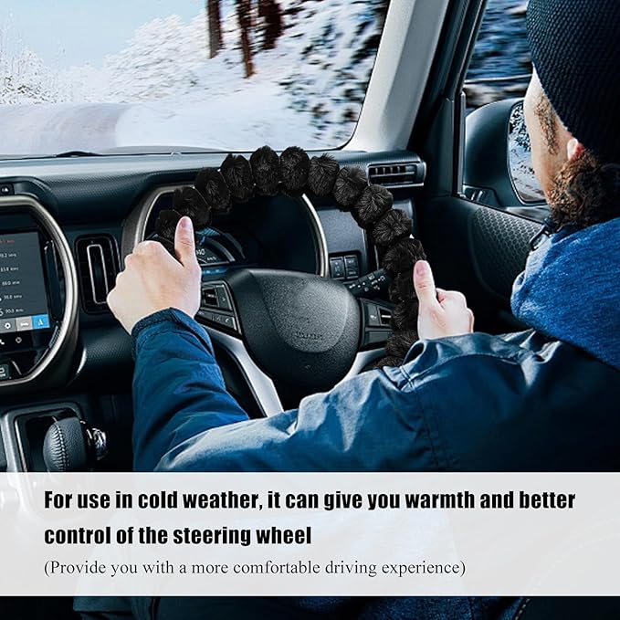 Fluffy Car Steering Wheel Cover, 14.5-15 Inches Anti-Slip Plush Fuzzy Steering Wheel Protector, Soft Warm Steering Wheel Cover Interior Decor for Women Girl, Car Accessories (Black)