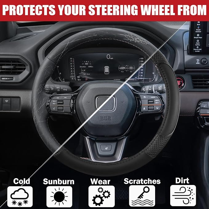 ANMOSVO Steering Wheel Cover for Honda Civic Accord CRV HR-V Pilot Passport Odyssey - Microfiber Leather & Anti-Slip Safety Design 14.5-15 Inch Custom Fit (Black-Standard Size)