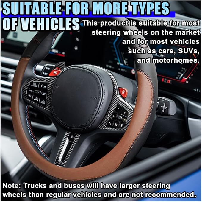 14.5"-15" Car Steering Wheel Cover, Microfiber Leather Breathable Wheel Cover, Anti-Slip Lining Steering Wheel Covers, Car Accessories Interior Decoration for Women Men (Coffee)