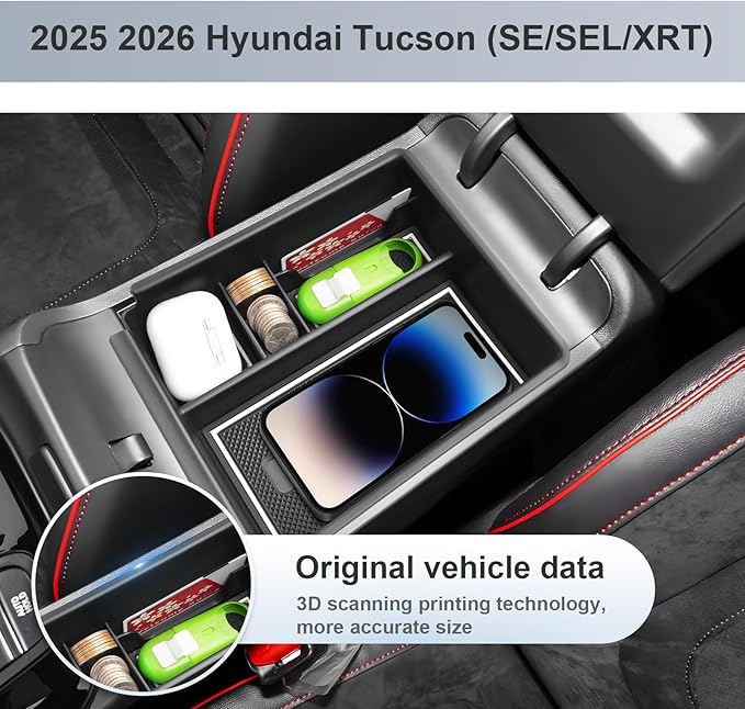 SKTU for 2025 2026 Hyundai Tucson Center Console Organizer for 2025 2026 Hyundai Tucson (SE/SEL/XRT) Console Tray 2025 2026 Tucson Accessories Insert ABS Armrest Storage Box with Coin Holder (White)