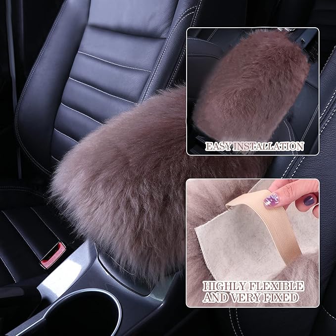 Frienda Furry Armrest Cover Auto Center Console Cover Car Soft Console Pad, Real Sheepskin Wool Soft Fluffy Auto Center Armrest Pad for Most Car Decoration Protector(Cameo Brown)