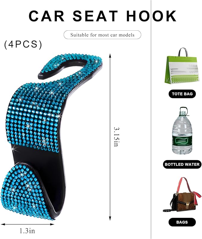 4 PCS Car Seat Headrest Hooks, Bling Crystal Rhinestone Back Seat Hanger Storage Organizer, Sparkly Seatback Holder Hooks for Purse and Bags Universal For Most Vehicles (Lake Blue)
