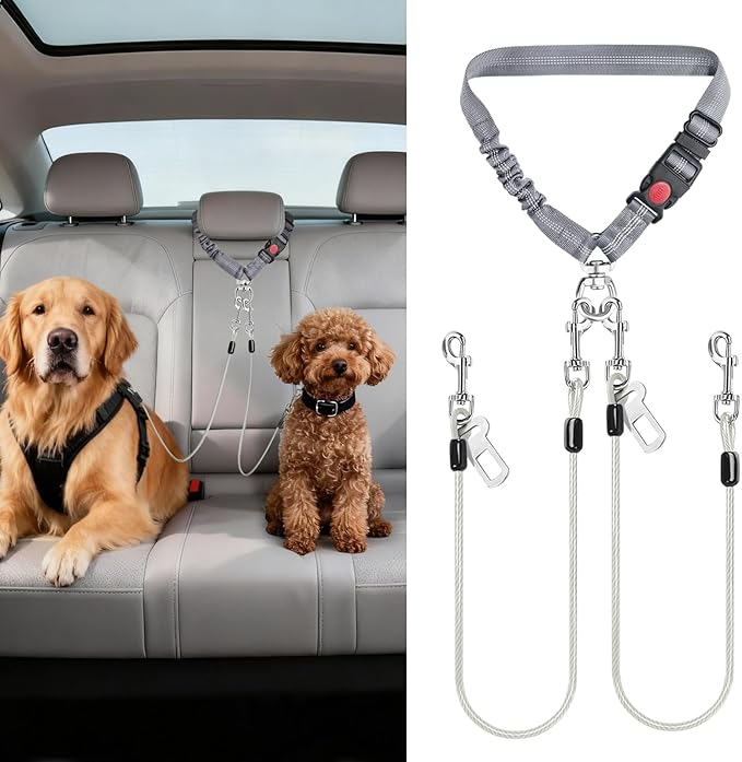 Idepet Dog Seat Belt for Car, 2 Pcs Stainless Steel Chew Proof Dog Seatbelt, 3 in 1 Dog Harness for Car Safety Seat Belt, Heavy Duty Pet Car Seat Belt for Medium & Large Dogs (Grey+Grey)